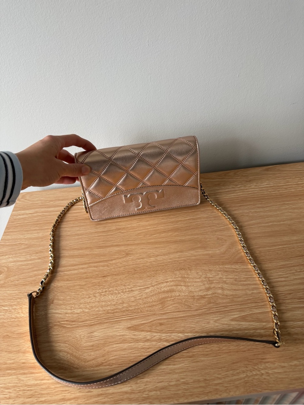 Tory Burch Metallic Rose Gold Quilted Chain Crossbody